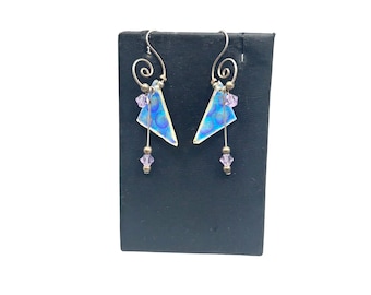 Vintage Handcrafted Earrings Dichroic Glass And Sterling Silver Dangles Drops