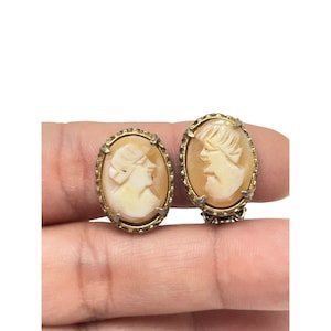 Vintage Clip On Lady Cameo Earrings Oval Genuine Carved Shell Gold Tone Setting