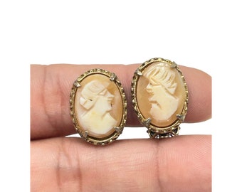 Vintage Clip On Lady Cameo Earrings Oval Genuine Carved Shell Gold Tone Setting