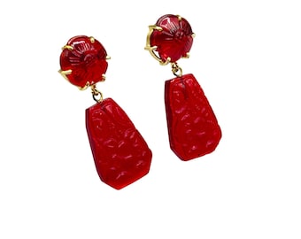 Red Glass Earrings Red Pressed Glass Flower On Gold Tone Setting Pierced