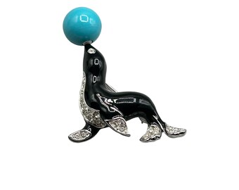 Vintage KJL Seal with Turquoise Blue Ball Pin Brooch Black Enamel & Rhinestones