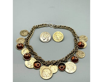 Vintage Coin Necklace with Matching Earrings Loaded Charms Cognac Cabochons