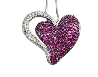 Vintage Sterling Silver Heart Necklace With Lab Created Rubies White Sapphires