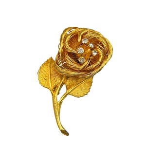 Vintage Gold Tone Rose Brooch with Rhinestones Intricate Wire Work Design