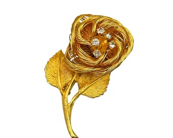 Vintage Gold Tone Rose Brooch with Rhinestones Intricate Wire Work Design