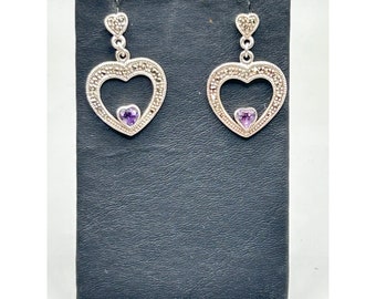 Vintage Hearts Dangles Earrings Sterling Silver Amethyst and Marcasite Drops