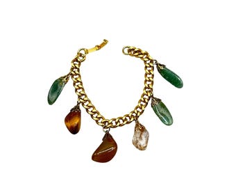Gold Tone Chain Charm Bracelet with Genuine Polished Stone Charms