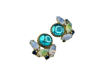 Vintage Clip On Earrings with Blue & Opalescent Glass Stones Colorful Jewelry