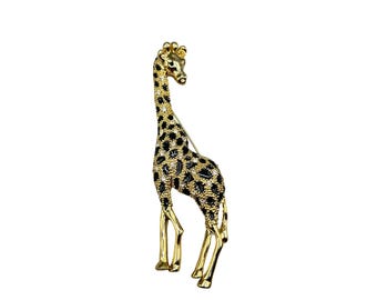 Gold And Black Giraffe Pin Brooch With Enamel Detailing And Textured Finish