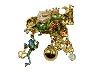 Kirks Folly Prince Frog Whimsical Brooch with Dangles Gold Tone Enamel Signed
