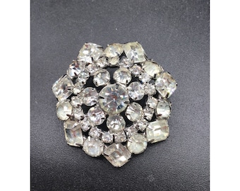 Clear Rhinestones Round Pin Brooch Brilliant Slightly Domed Icy Glass Stones