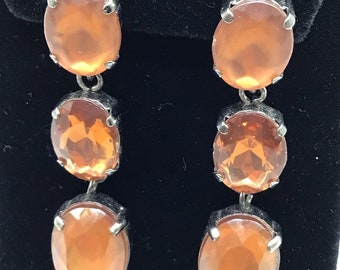 Acrylic Orange Clip Earrings Cognac Aurora Borealis Stones Gun Metal LIGHTWEIGHT