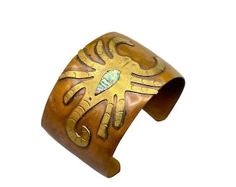 Copper and Brass Cuff Bracelet with Scorpion Design & Abalone Inlay