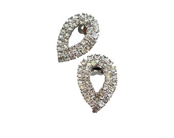 Vintage Shoe Clips Clear Rhinestones Silver Tone Drop Shaped Elegant Shoe Accessory