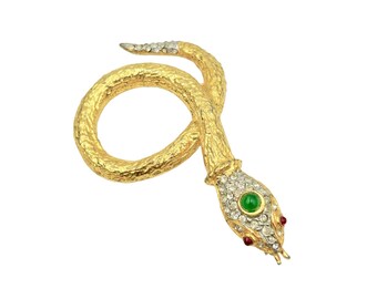 Snake Brooch Signed PAULINE RADER Gold Tone Jeweled Heads Serpent Reptile Pin