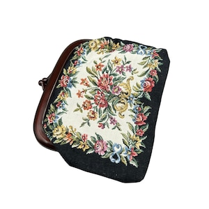 Vintage Floral Tapestry Small Handbag Coin Purse Petite Needle Point Flowers Design