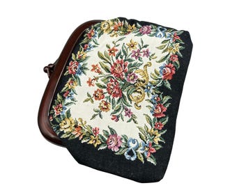 Vintage Floral Tapestry Small Handbag Coin Purse Petite Needle Point Flowers Design