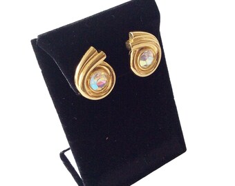 Aurora Borealis Rhinestones Clips Earrings Art Deco Design Gold Tone Clip On