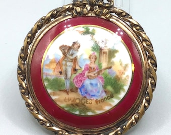 Limoges France Pocket Mirror Hand Painted Romantic Playing Music Gold Tone Frame