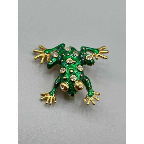 Vintage Green Frog Brooch Pin Gold Tone Enameled … - image 3