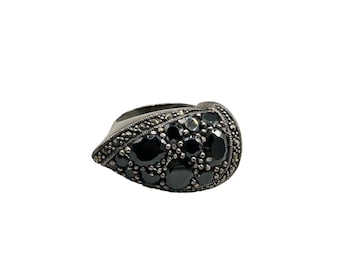 Sterling Silver Marcasite & Black Stones Ring Size 7.25 Sideway Drop Design