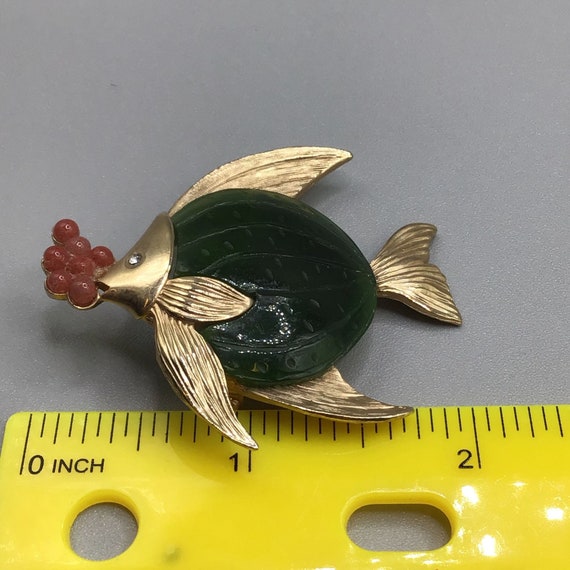 Puffy Fish Brooch Green Semi Precious Stone Gold … - image 8
