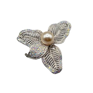 Vintage Orchid Flower Pin Brooch Silver Tone Floral Rhinestones and Faux Pearl
