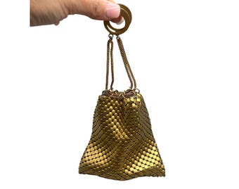 Vintage Gold Chain Mesh Pouch String Bag or Evening Bag Miniature Purse