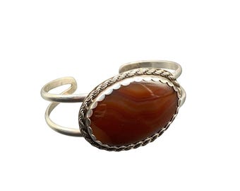 Sterling Silver Cuff Bracelet Agate stone Bezel set Genuine semi precious stone