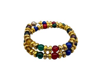 Jewel Tones Beaded Necklace Red Green Blue Purple Beads and Gold Tone Multicolor