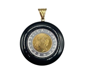 500 Lire Pendant Milor Italy 14K Yellow Gold And Black Onyx Made In Italy Coin Pendant