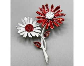 Signed ART Arthur Pepper Daisy Flowers Pin Red White Enameled 70s Flower Power