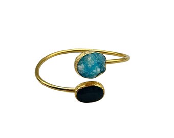 Bypass Bracelet Blue Druzy Stone Gold Tone Textured Metal Adjustable Bracelet