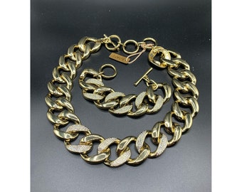 Designer set Signed IMAN necklace and bracelet chunky cuban chain gold tone and rhinestones