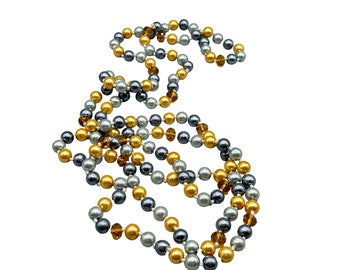 Long Strand Colored Faux Pearls & Crystals Necklace Gold Gray Color Hand Knotted