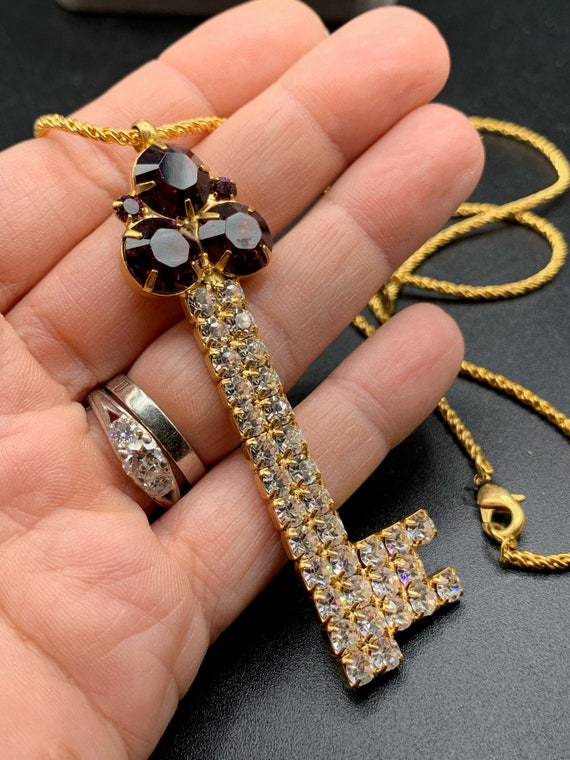 Rhinestones skeleton key necklace gold tone chain 