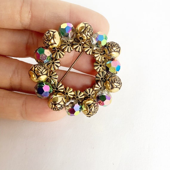 AB glass and roses beaded  wreath brooch aurora b… - image 3