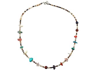 Vintage Beaded Necklace with Multi-Color Gemstones & Heishi Shell Beads