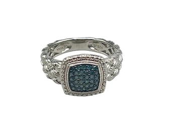 Blue Diamonds Ring Size 8.5 Sterling Silver Designer JS Signed Ring With Woven Style Band