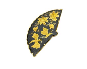 Vintage Damascene Pin Brooch Black Gold Hand Fan Shaped Pin with Trombone Clasp