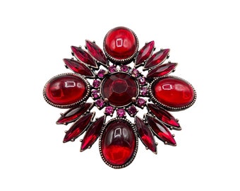 Retro 80s Red Rhinestones Brooch Maltese Cross Domed Cabochons Acrylic Stones