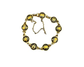 Vintage Damascene Bracelet Birds and Flowers with Safety Chain Round Links Chain