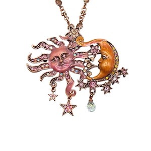 KIRKS FOLLY Celestial Brooch Pendant Necklace Sun Moon Stars Enamel And Crystals