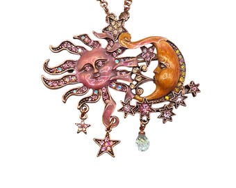 KIRKS FOLLY Celestial Brooch Pendant Necklace Sun Moon Stars Enamel And Crystals