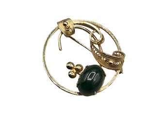 Signed Sorrento Gold Filled Pin Green Jade Cabochon  Round Filigree Leaf Design
