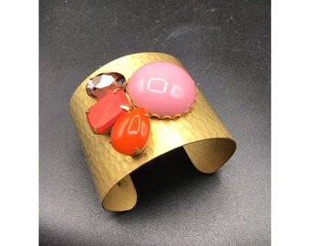 David Aubrey Cuff Bracelet Multi Colored Jeweled Matte Gold Tone Hammered Design