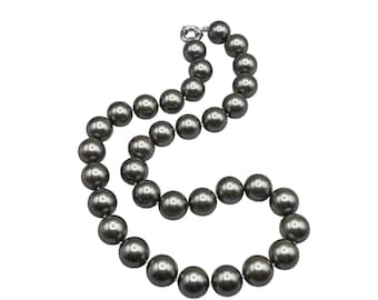 Hand Knotted Glass Pearls Necklace Large 16mm Beads Dark Grey Faux Pearls