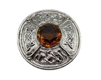 Scotland Celtic Kilt Pin Brooch And Pendant Round Domed Silver Tone With Topaz Glass Stone