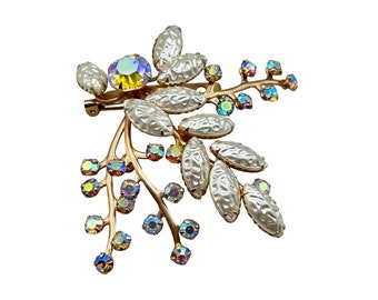 Vintage Layered Rhinestones Pin Brooch Pearlescent & Aurora Borealis Blue Color