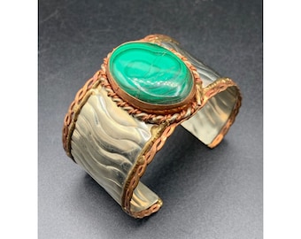 Brutalist Malachite Cuff Bracelet Vintage 70s Handmade Wide bracelet Mixed Metals